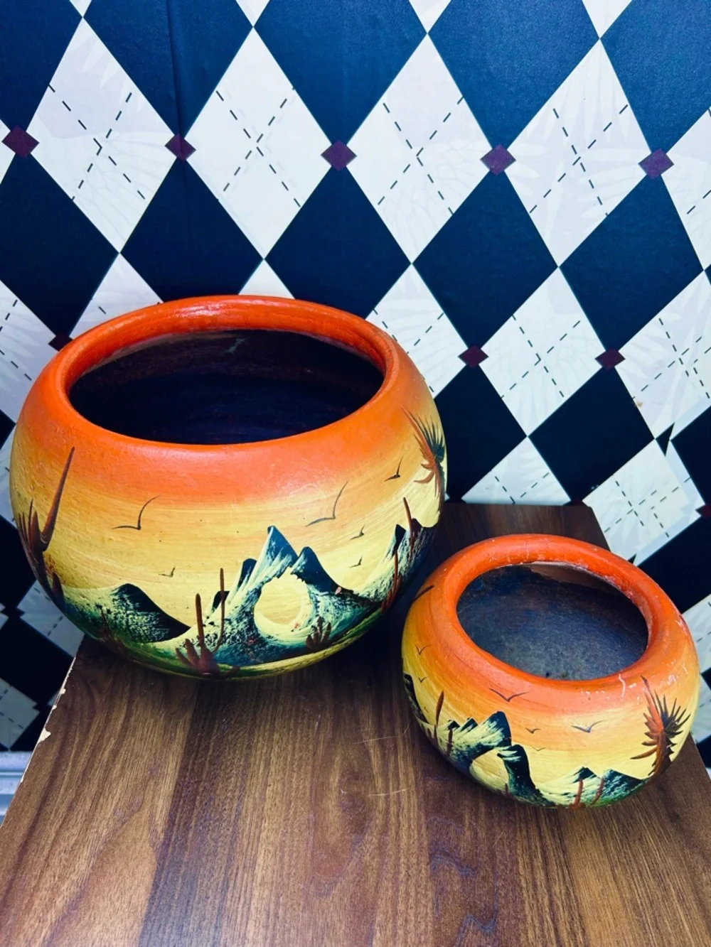 1970s Mexican Desert Landscape Planters Hand Painted Clay Pottery Southwestern - Picture 6 of 12